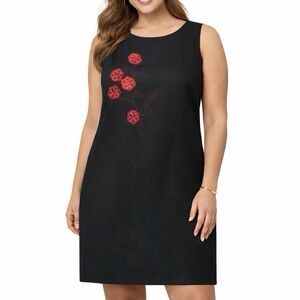 JENNIFER EDEN Black Sleeveless Sheath Dress Red Floral Applique Women's 16